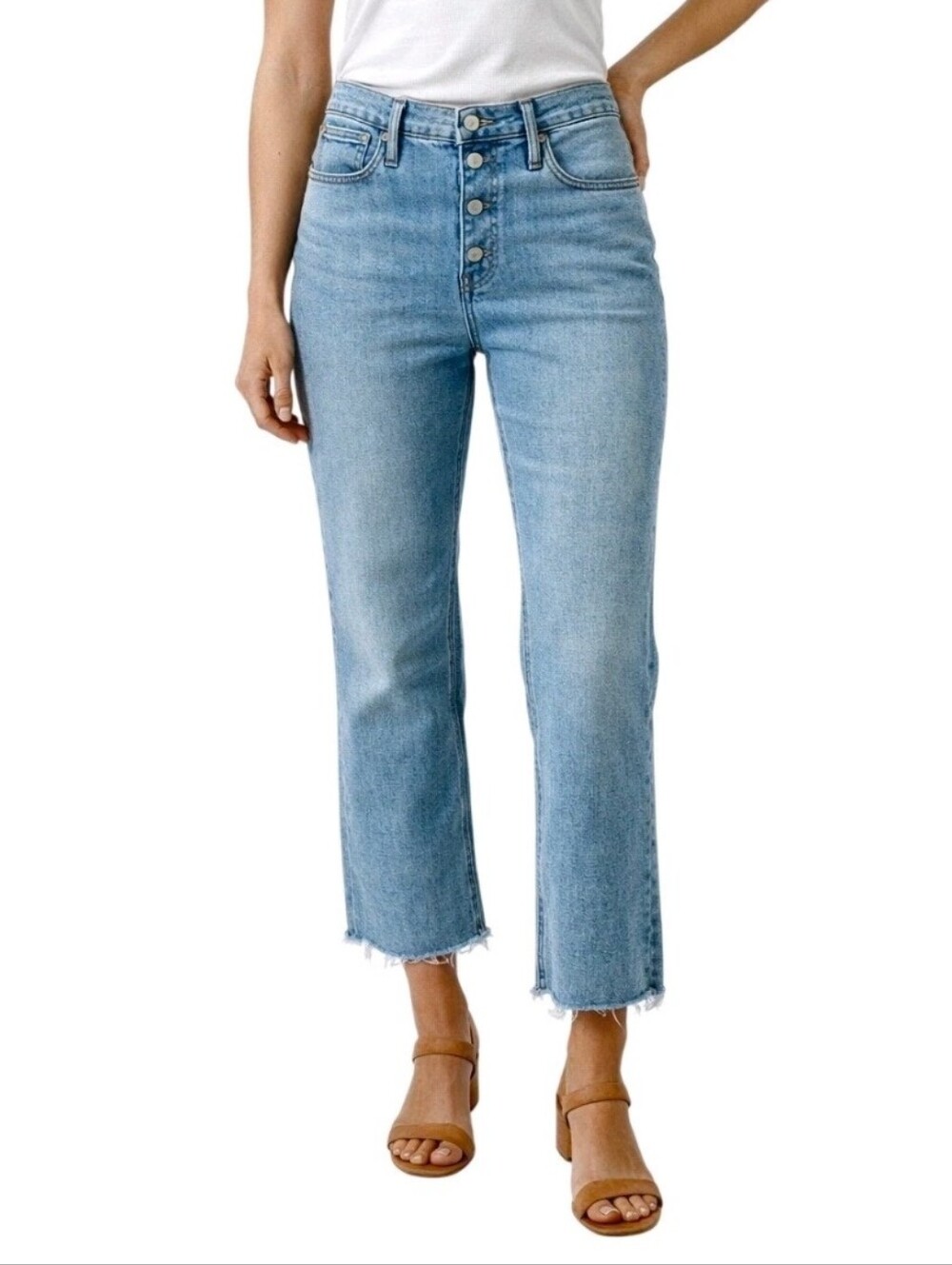 J. Crew Billie Demi Boot Kick Crop Jeans  Button Fly Raw Hem High Rise Blue 29